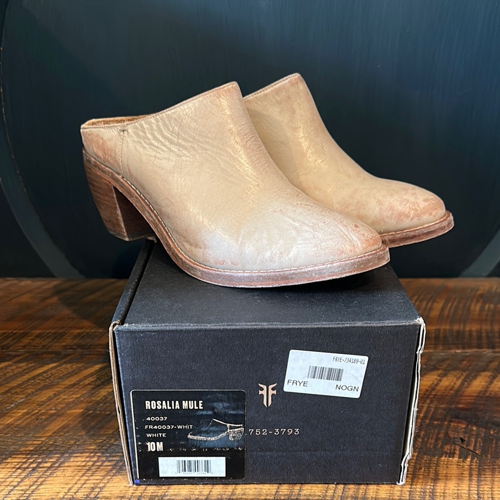 Frye Cream Mules with Brogue Detailing